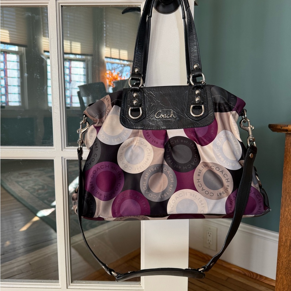 Authentic Coach Multicolor Signature C Logo Hobo Shoulder Bag - Plum/Beige/Black